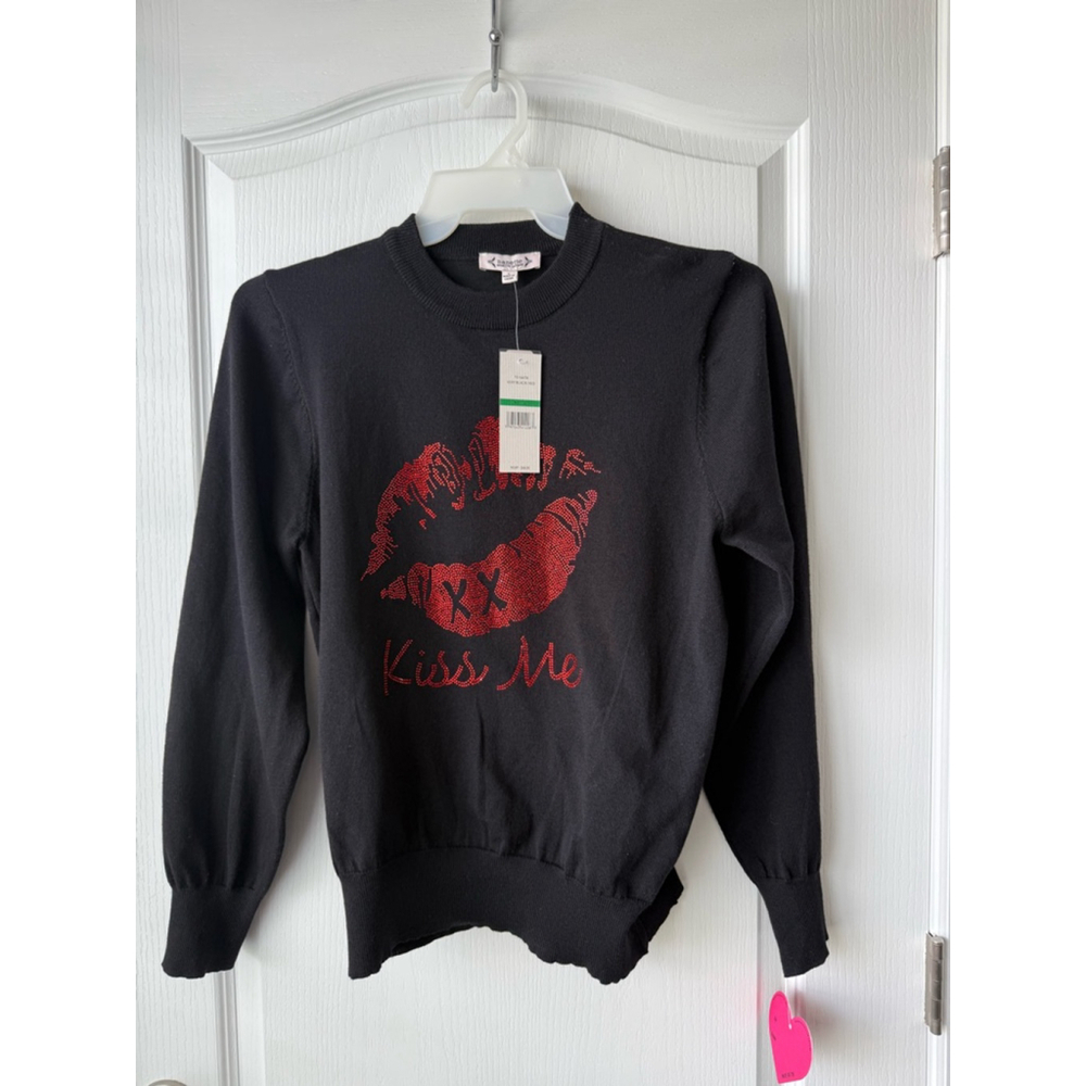 Women's Nanette Lepore Sweater Size L Black Red Kiss Me